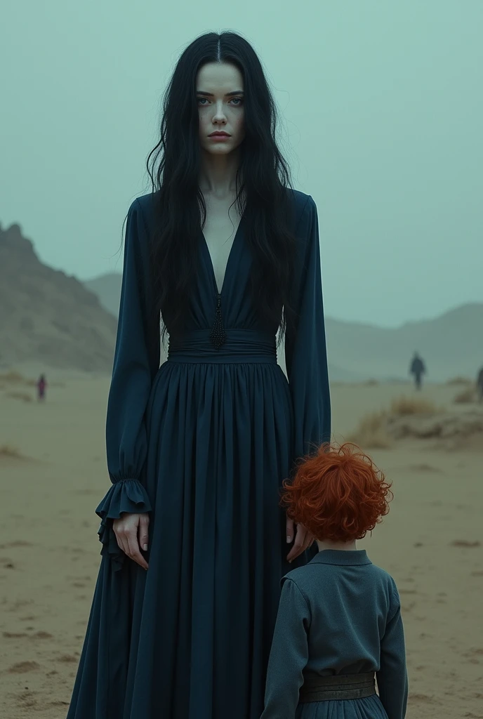 In a dark dessert, in rainy weather, a woman with very long black hair and white skin, dressed in dark blue and behind her stands a small boy child with curly red hair who is seen from behind