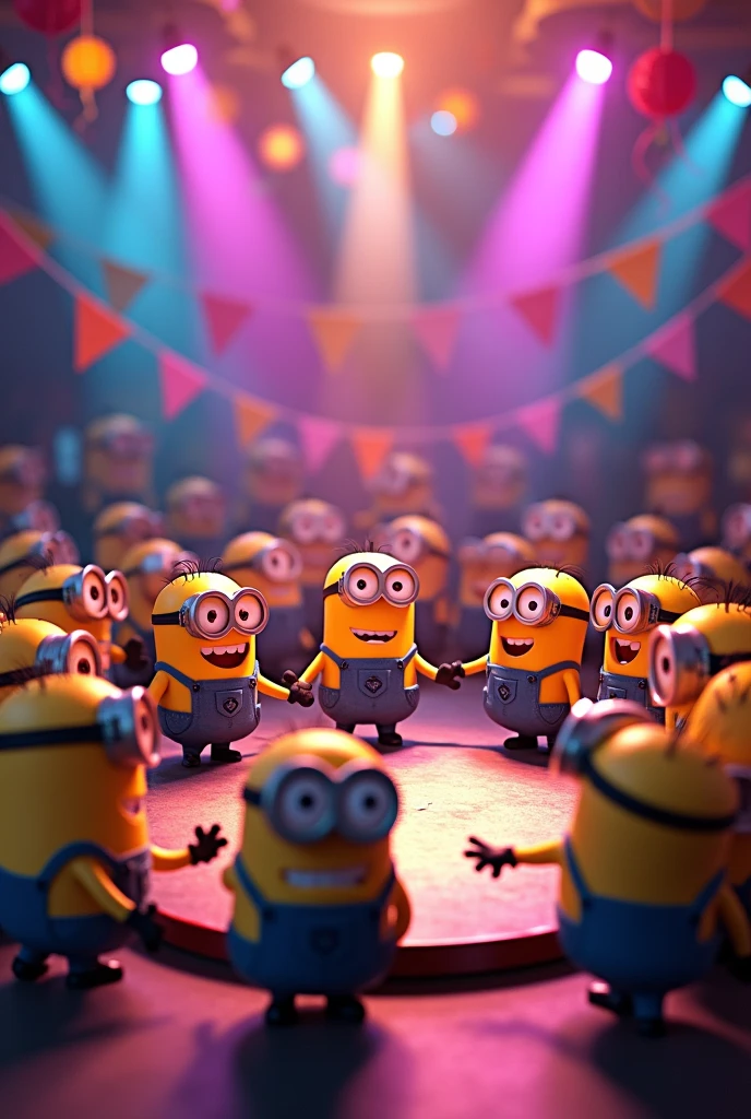 Minions make a big party with DJ and they all leave a gap in the middle and go around slle from resolution of 1.920x1.080 und dormat 9:16