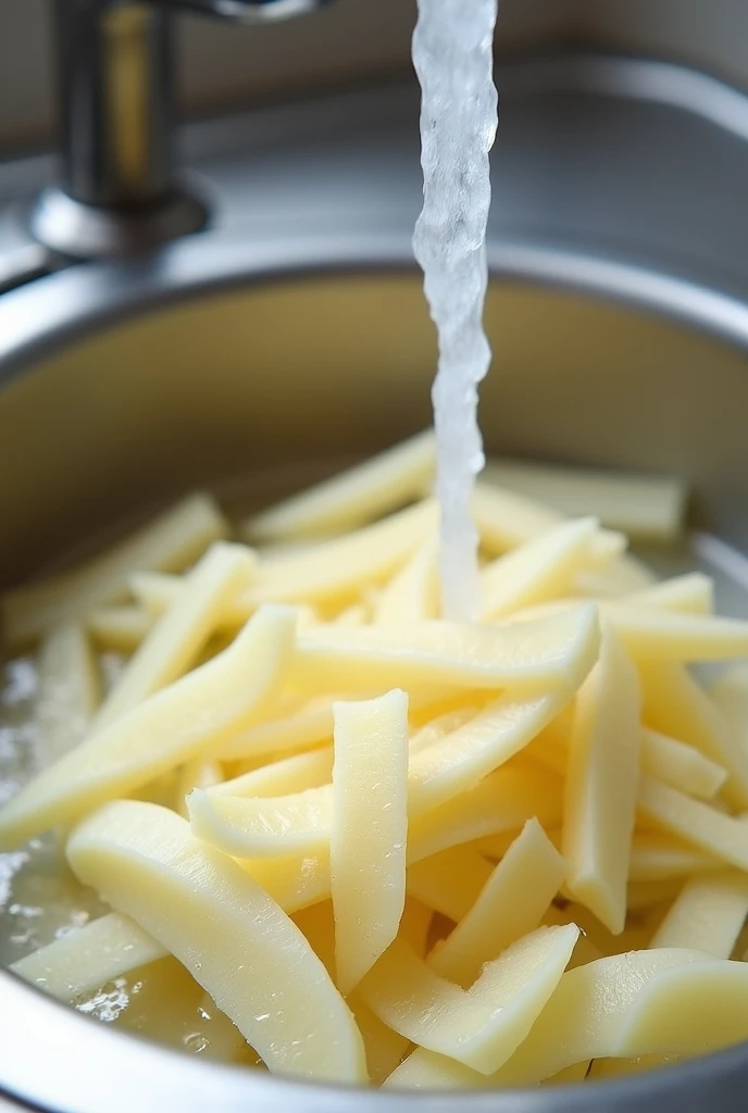 Rinsing potato strip slices under cold water