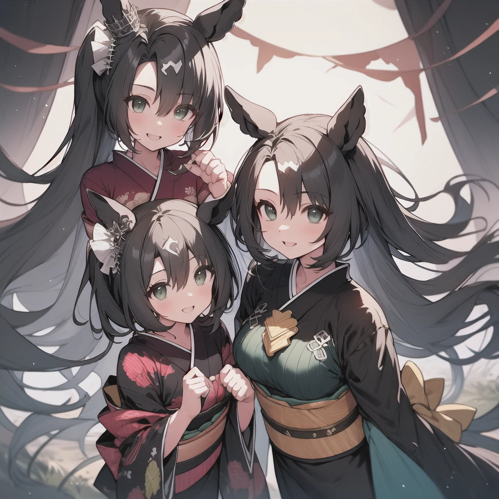 Highest quality、Highest quality、Highest Resolution、masterpiece、Anime Drawing、独奏、1 person。((green shoulderless long knit、kimono))。pantyhose。lipstick、smile。Glamorous Body、Beautiful breasts、Touch your head with your hand、Active Posing。Black Hair、Long Hair、ponytail。Lots of hair ornaments。Beautiful child with horse ears。Night Sky、Strong winds、Chest centered。