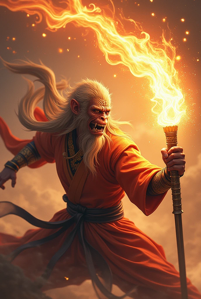 generate a highly detailed and atmospheric view of Sun Wukong battling the god Erlang. Sun Wukong has an otherworldly appearance, and in his hand he swings a magic staff that emits fire. The creature's face is a Chinese legendary monkey, with sharp angles and very angry towards its opponents, emphasizing that Sun Wukong is a creature that is invincible to any god.