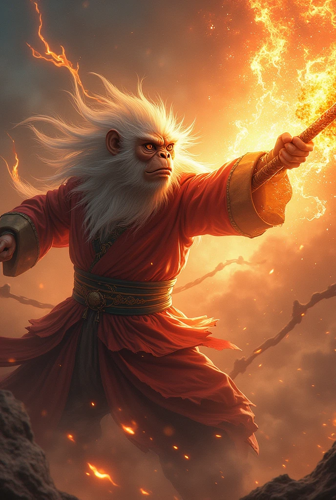 generate a highly detailed and atmospheric view of Sun Wukong battling the god Erlang. Sun Wukong has an otherworldly appearance, and in his hand he swings a magic staff that emits fire. The creature's face is a Chinese legendary monkey, with sharp angles and very angry towards its opponents, emphasizing that Sun Wukong is a creature that is invincible to any god.