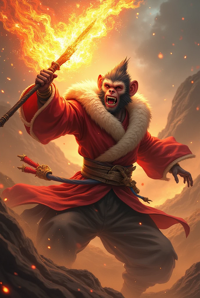 generate a highly detailed and atmospheric view of Sun Wukong battling the god Erlang. Sun Wukong has an otherworldly appearance, and in his hand he swings a magic staff that emits fire. The creature's face is a Chinese legendary monkey, with sharp angles and very angry towards its opponents, emphasizing that Sun Wukong is a creature that is invincible to any god.