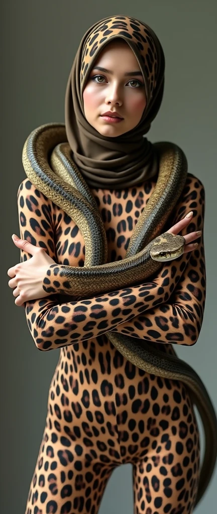 the beautiful,slender thin and clever Malaysian muslimah adult female girl with beautiful cheeks wears brown leopard print lycra turtleneck unitard catsuit covered with seamless spotted patterns and always wear brown leopard print lycra elastane stretchy dancewear hijab covered with seamless spotted patterns.She is hugging with the python snake.