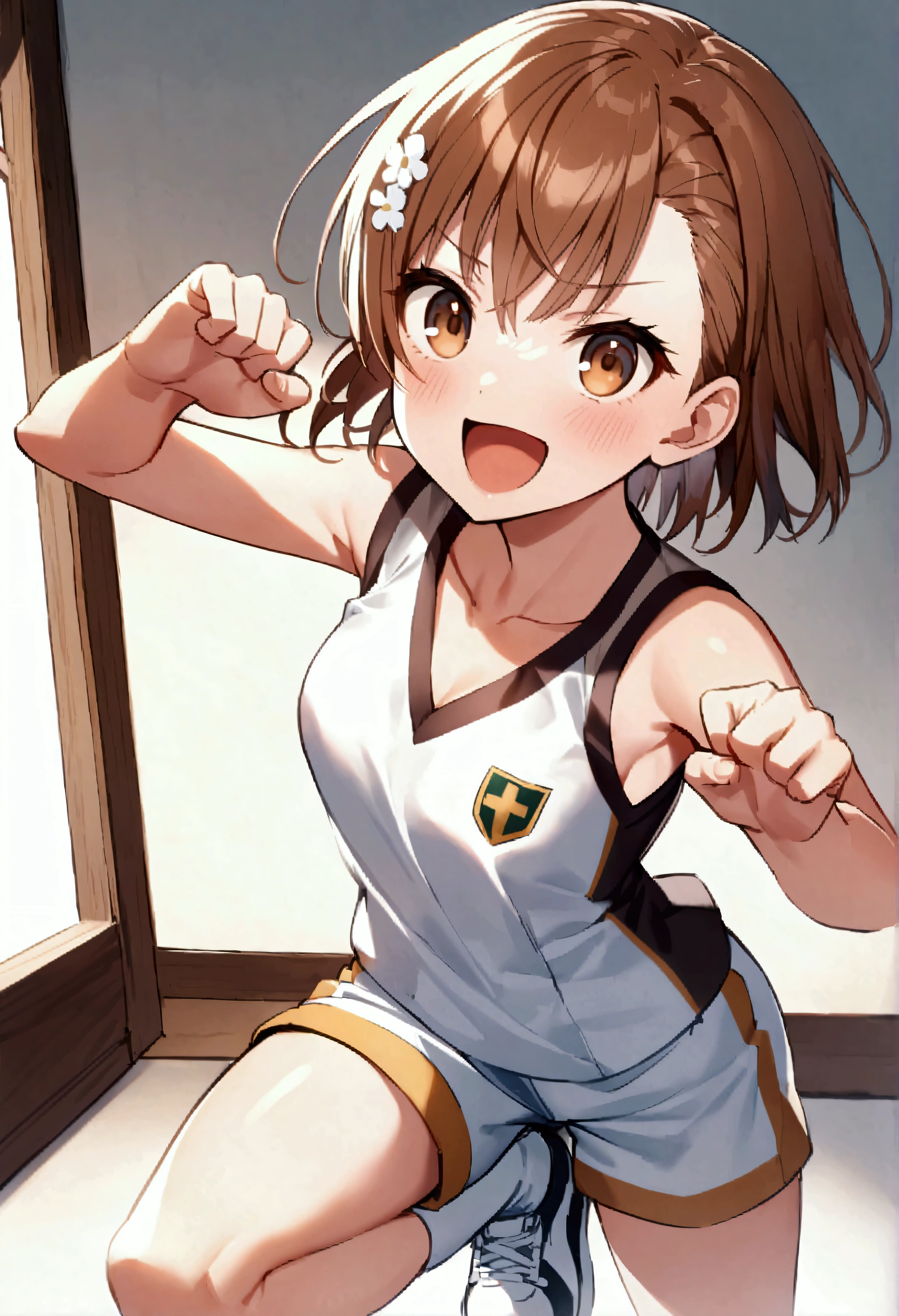 Misaka Mikoto、solo、、Tokiwadai Athletics uniform、School emblem、Multicolored Tank Top、Multicolored shorts、White shorts、Loose-fitting clothing、Matching clothes、White shoes、Multicolored shoes、hair ornaments、Brown eyes、Brown Hair、Short Hair、Watching the viewer、Scream、Smile、Medium chest、Are standing、outside、Evasion Pose、Combat Stance、Shooting pose、