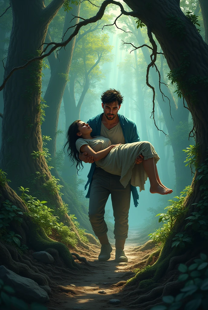 a worried brother carrying his unconscious sister through a forest