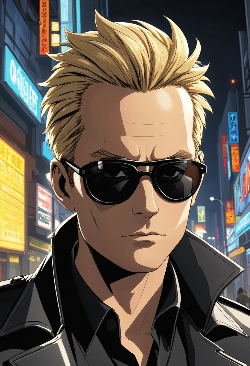(Albert Wesker:1.4), highly detailed, highres, extremely detailed, detailed background, perfect eyes, perfect face, high quality, detailed face, , best quality, masterpiece, 4k, 8k, absurd resolution, cinematic lights, intricate detail, detailed hands, detailed eyes, animation, illustration, (blonde hair:1.4), short hair, (1man), mature male, shades, sunglasses, 1boy, black shirt, black trench coat, high definition, sharp focus, OverallDetail, deep shadow, dimly lit, shade, animification, wesker, edgQuality, Illust-InstaFilter, Best_QualityPos, Earth-QualityPos, BodyPositive, slick back hair, AlbertWeskerRE, REAlbertWesker, smoking, smirking,