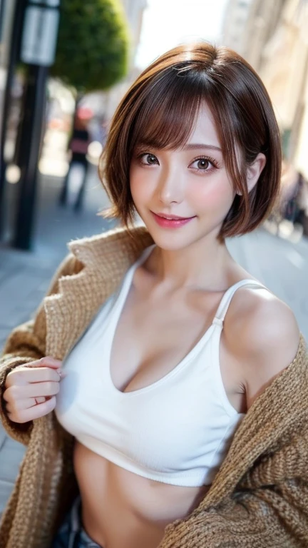 One Girl, Beautiful Face,8k, RAW Photos, Highest quality, masterpiece, Genuine, Half Body,Very detailed, (People in the photo:1.3), (alone:1.3), Tempting light smile, Short hair up to the shoulders, Light brown hair, Attractive eyes, Large Breasts, Gal, Showing cleavage, I put on a long cardigan, Busy Street