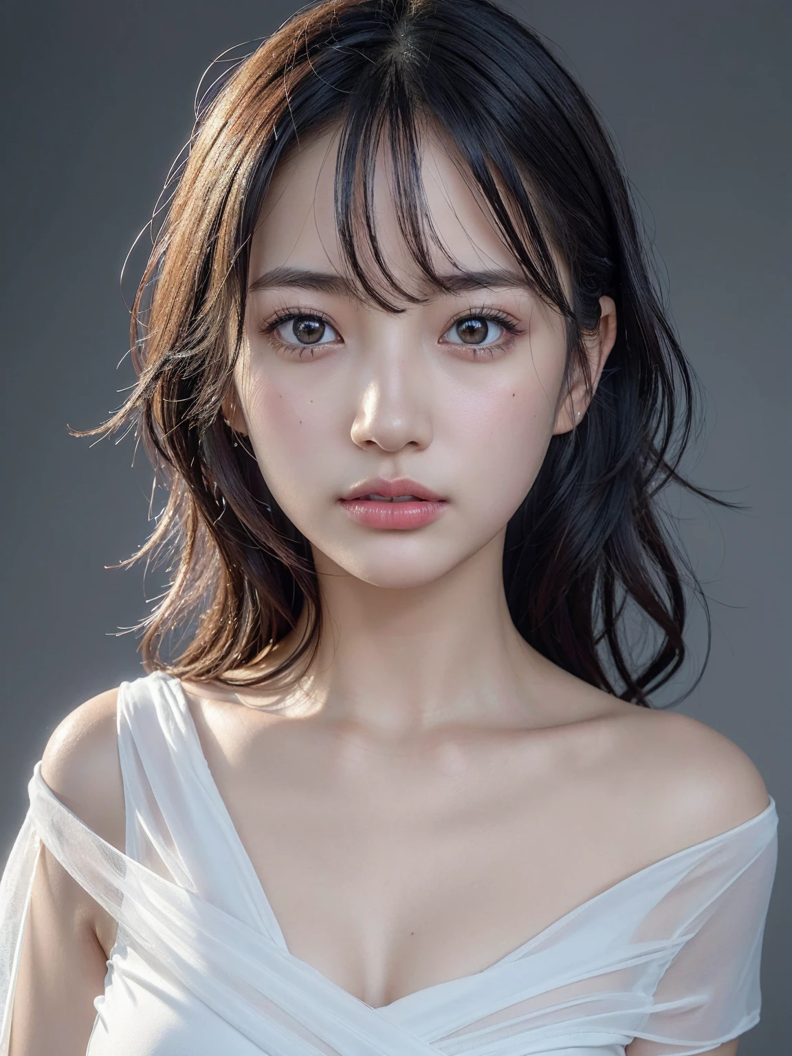 happy, eye roll, portrait of beautiful slender Young Japanese girl, crossed eyes, eye roll, drooling profusely, Realistic skin texture, Few moderate moles, head tilt, open mouth wide, flushing face, disheveled hair, bed room, highly detailed, ray tracing, digital painting, concept art, smooth, sharp focus, illustration, 8k, art by katsuya terada, art by range murata, art by akiman, art by JUNNY