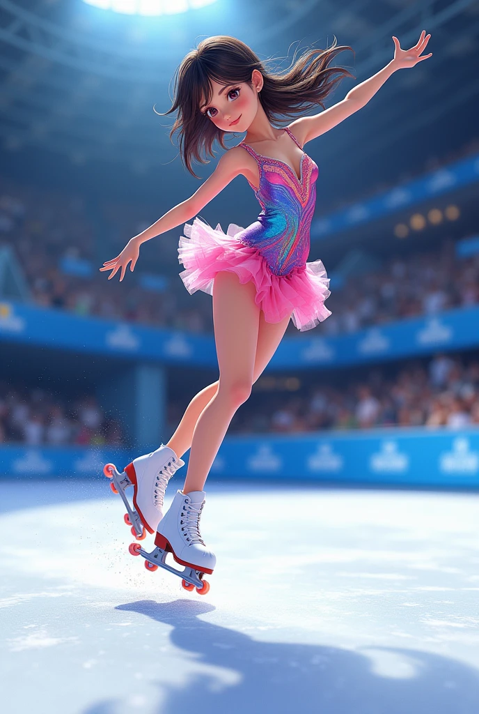Full body animated girl with roller skates wearing a competition dress performing a stunt 