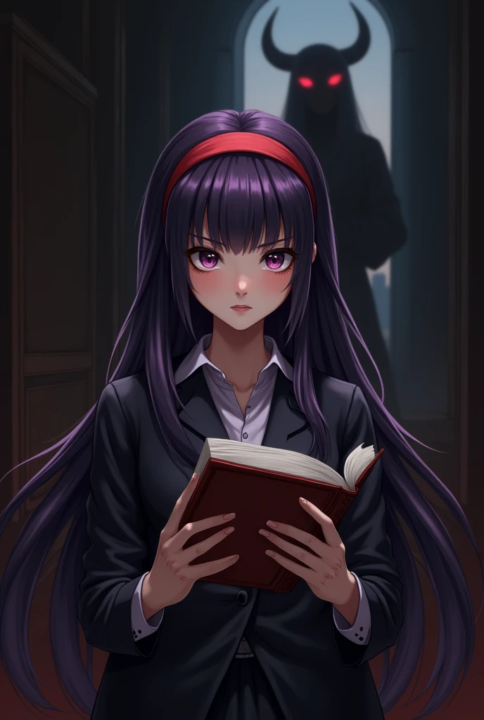 Hisako, grey skin,long hair, hair over one eye, black sclera, white pupils,   looking at viewer,  crazy smile,  giving thumbs up.
suit and tie, sitting down,  reading a book, sleeves, 
(insanely detailed, beautiful detailed face, masterpiece, best quality) 
 <lora:Hisako-02:1>