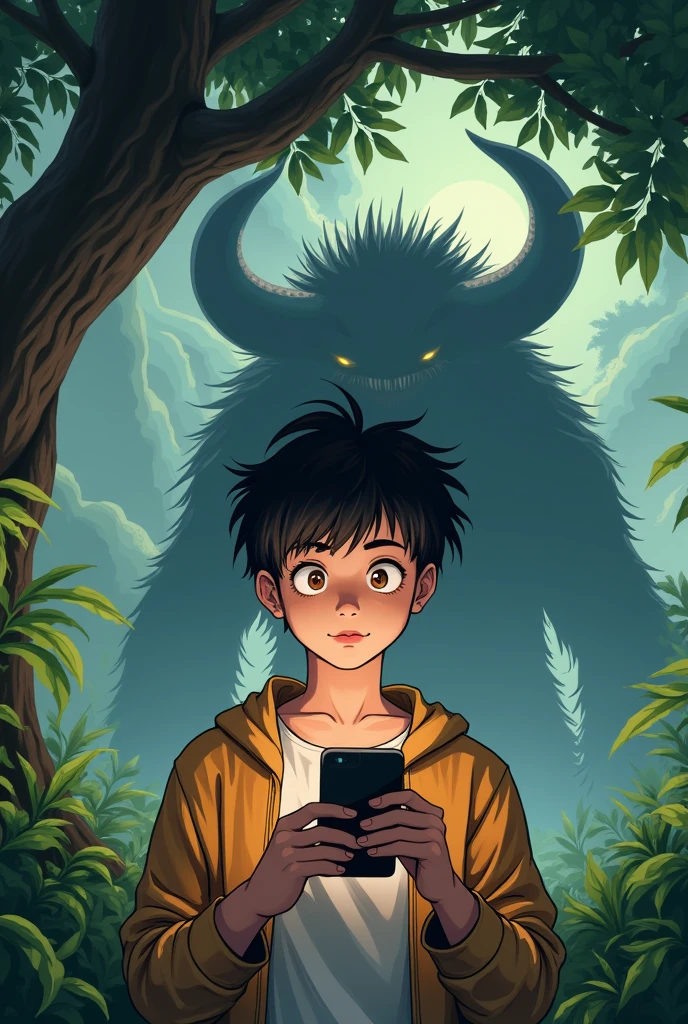(manga Animation) (Landscape )a handsome boy playing game in his mobile under a tree ,a wild monster in his back