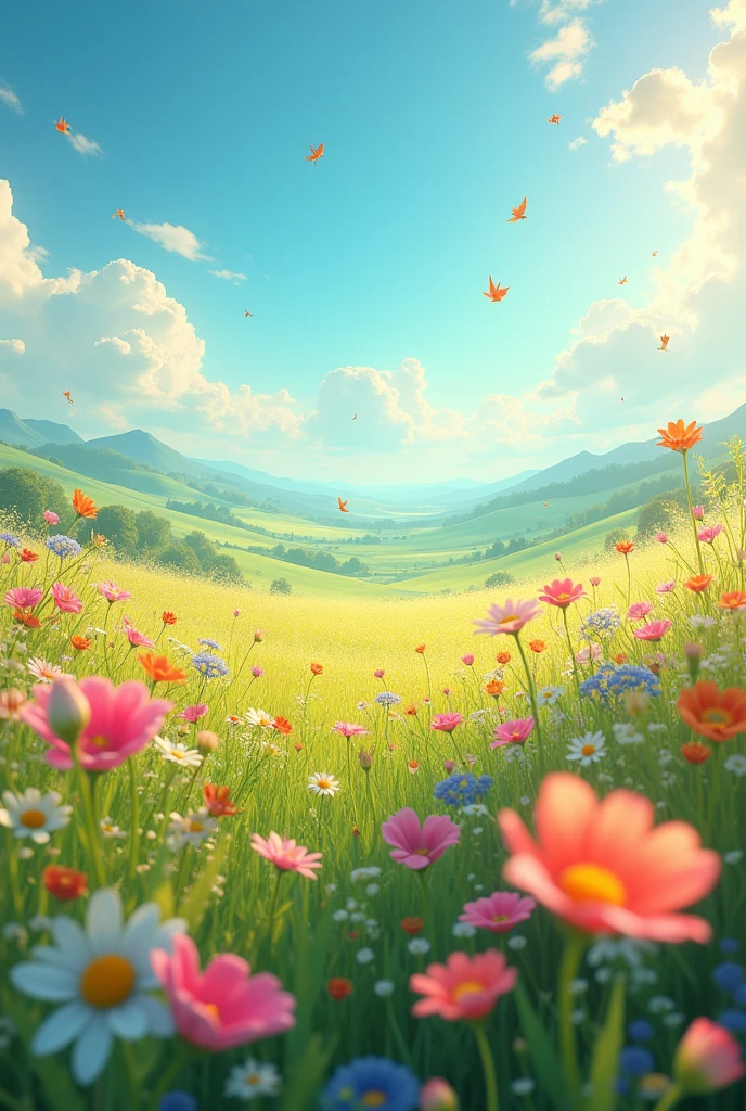 The meadow is blooming with colorful flowers, and a soothing melody fills the air.