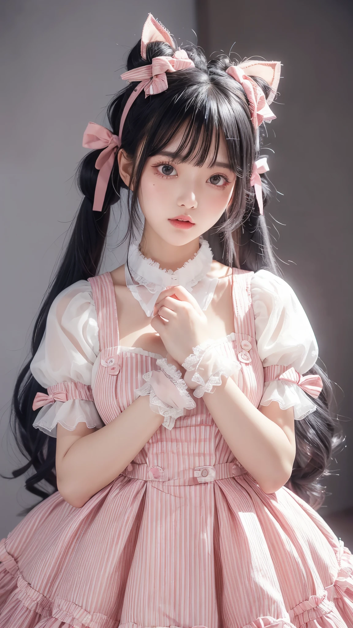 1girl, yorumi rena, virtual youtuber, solo, multicolored hair, twintails, gloves, black hair, white gloves, split-color hair, long hair, breasts, own hands together, puffy sleeves, short sleeves, grey hair, two-tone hair, streaked hair, puffy short sleeves, red eyes, bow, hair ornament, cleavage, parted lips, hands up, hair bobbles, dress, own hands clasped, blush, upper body, very long hair, medium breasts, hair bow, ribbon, red hair, black bow, vertical-striped dress, hair ribbon, pink hair, ahoge, vertical-striped clothes, striped dress, interlocked fingers, black dress