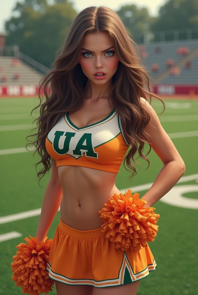 Imagine a  girl with long brown hair and blue eyes with a big bust and butt and amazing curves who is angry because she was pranked and dressed as a cheerleader. Her top says UA and she has a short orange skirt with white and green colors and her pom poms are orange. She is on the cheerleading field. 