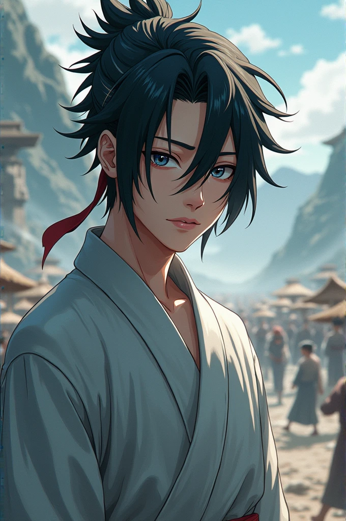 (full body portrait) 20 year old Naruto,truly a masterpiece,Full of masculine beauty, perfect anatomy. When looking at his beautiful eyes, with charming, charming eyes, His eyes turn to the audience, You can clearly see every little detail and detail. perfect lines, Every little detail of the skin in 8K quality, People are drawn to the confidence that every look exudes , His head has silky hair,His face is drawn in great detail in 8K image quality, Battles in the background, This further boosted his confidence, Wearing silver robe, messy black hair, Wind magic, (Big storm), mountains in background, There is a white line in his hair