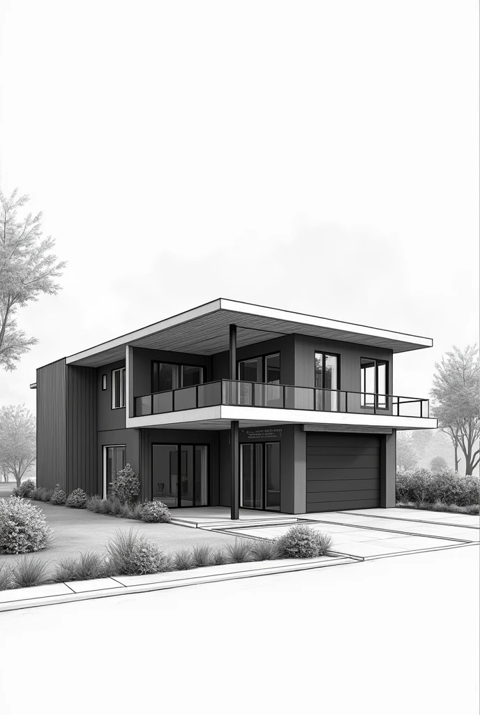 sketch a black and white and clear design of 2 story residential house with solar panel and rain induce