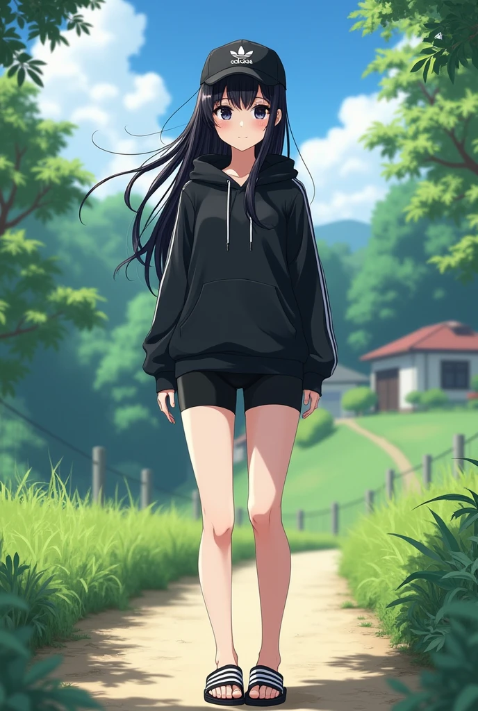 (photorealism:1.2), beautiful anime girl, long black hair, wear black adidas striped slippers white and black, black eyes, barefoot, wear black adidas cap, wear black adidas hood, wear black adidas hot pants, background is countryside