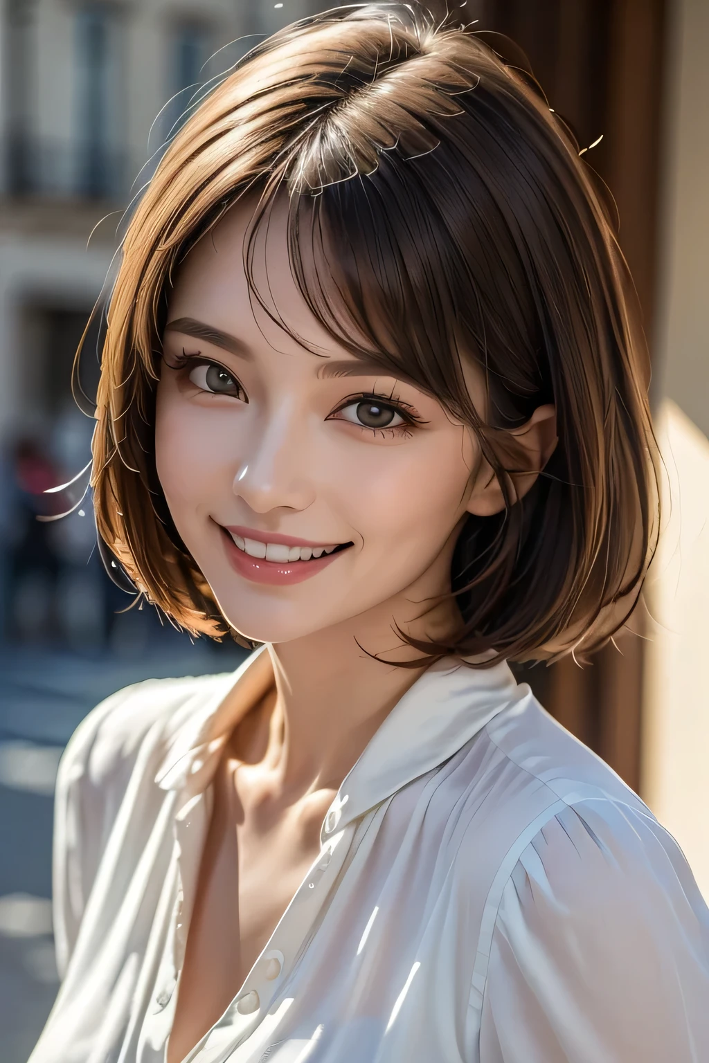((masterpiece)), ((Highest quality)), ((Complex)), ((Surreal)), (Realistic), (Mature Woman), ((No classes)), Very detailed, (1 female), Beautiful and exquisite, (Beautiful Teeth), Grin, Brunette bob hair, Brown eyes, ((blouse)), (Upper Body), (background:none), Perfect Eyes, Captivating eyes, Looking at the audience