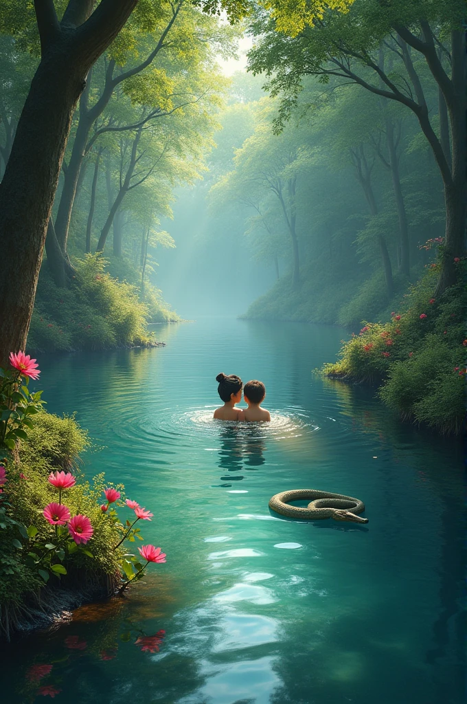 A river where lord krishna and his friend are swiming and background are surrounded by forest with wild animal snake