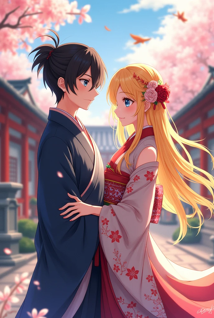 Itoshi Rin is cold from the anime Blue Lock. married a beautiful girl with long yellow hair and blue eyes, wearing Japanese customs