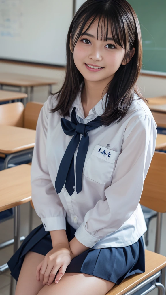 (Highest quality,masterpiece:1.3,Ultra-high resolution),(Very detailed,8k),(Realistic:1.4,RAW shooting)。A cute  young woman。Composition above the knees。The best smile。Small Bust。A cup breasts。Plump figure。Short hairstyle。Student uniform。School classroom。