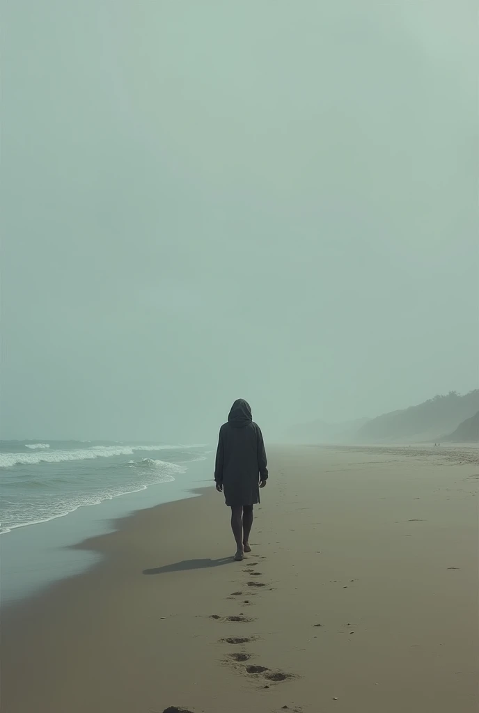 create a fantasy picture of someone walking down the middle of the beach with a feeling of sadness
