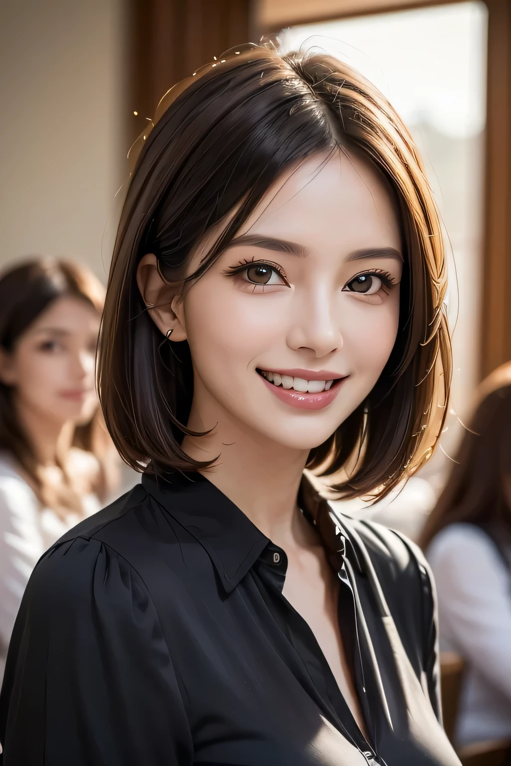 ((masterpiece)), ((Highest quality)), ((Complex)), ((Surreal)), (Realistic), (Mature Woman), ((No classes)), Very detailed, (1 female), Beautiful and exquisite, (Beautiful Teeth), Grin, Brunette bob hair, Brown eyes, ((blouse)), (Upper Body), (background:none), Perfect Eyes, Captivating eyes, Looking at the audience