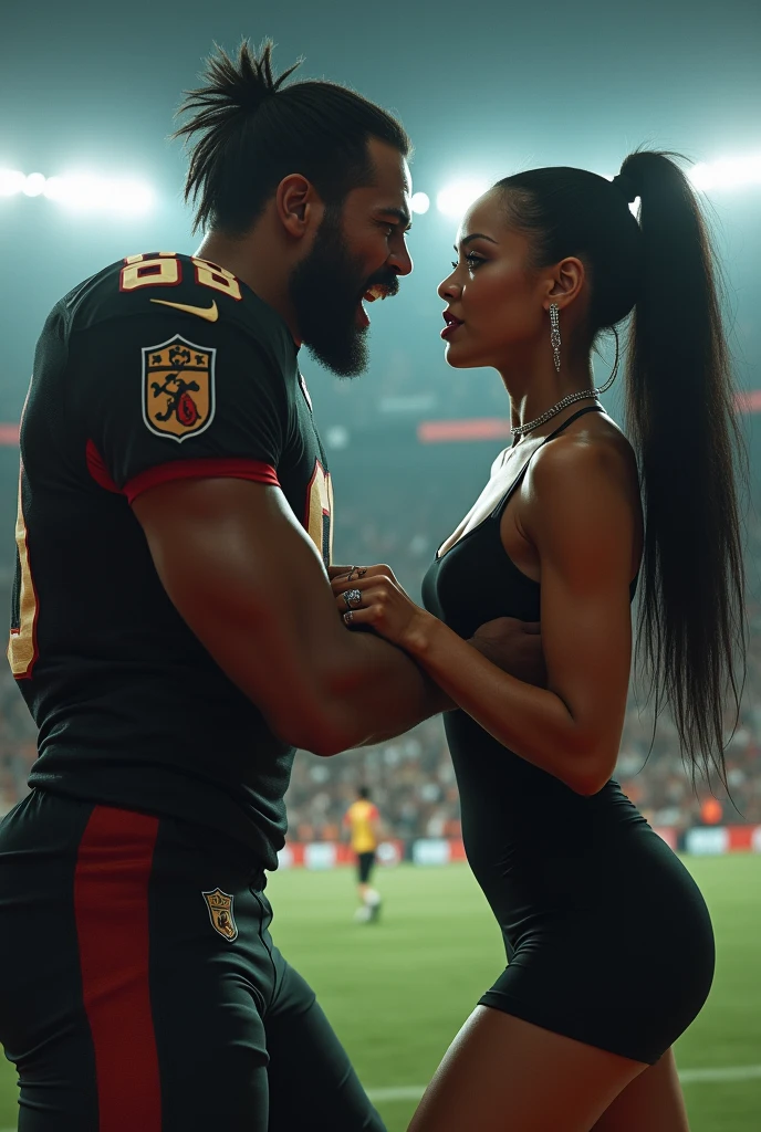 Rihanna wearing a short black dress while fighting an angry football player