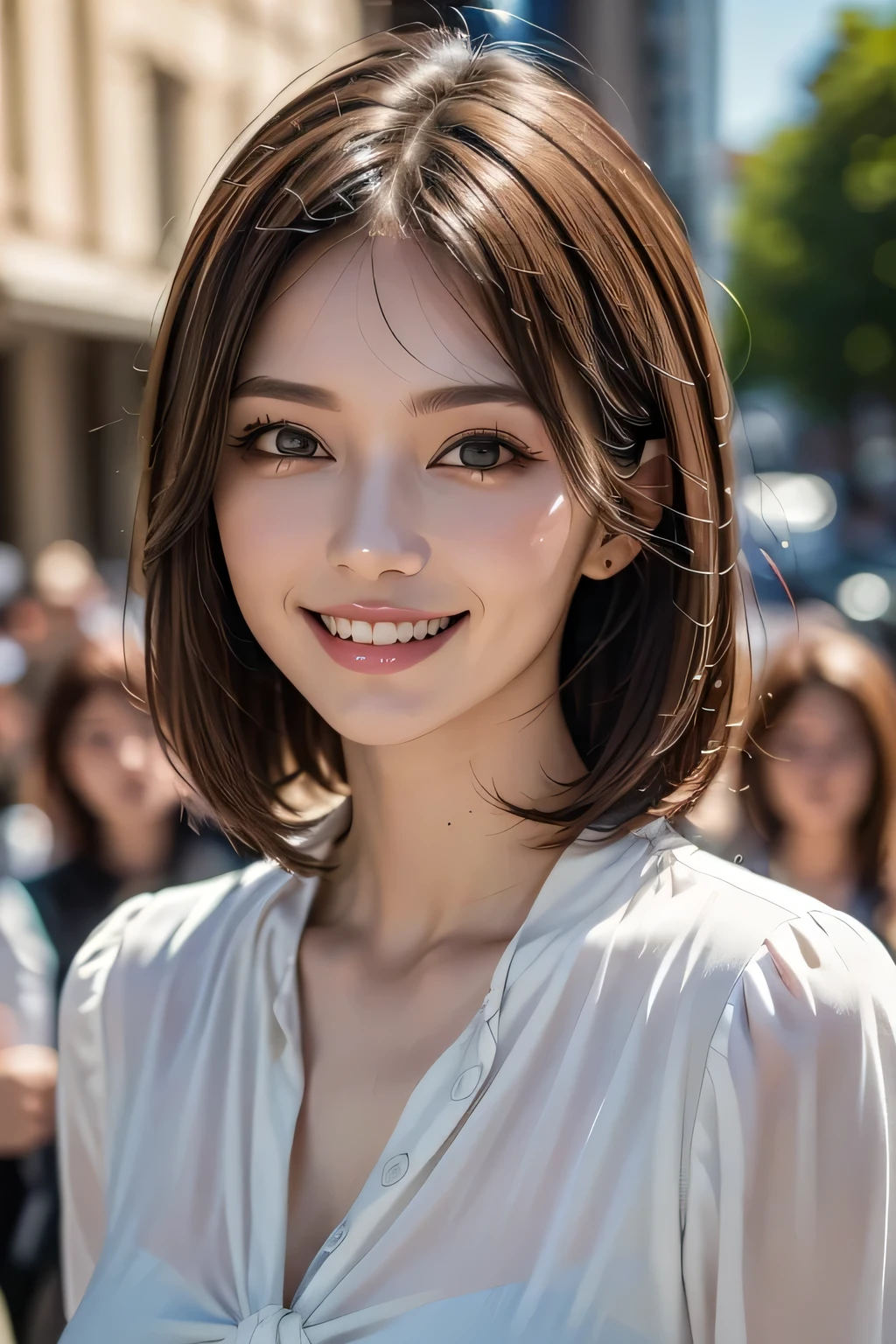 ((masterpiece)), ((Highest quality)), ((Complex)), ((Surreal)), (Realistic), ( Woman), ((No classes)), Very detailed, (1 female), Beautiful and exquisite, (Beautiful Teeth), Grin, Brunette bob hair, Brown eyes, ((blouse)), (Upper Body), (background:none), Perfect Eyes, Captivating eyes, Looking at the audience