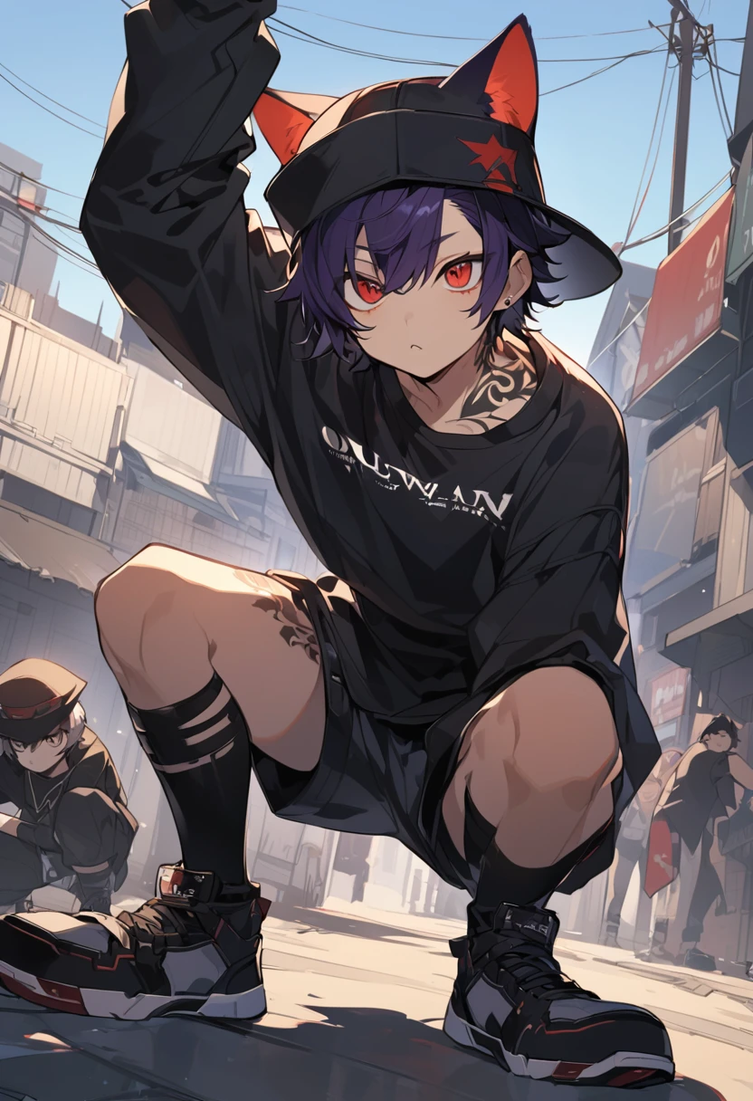 good looking, alone, 1 male、juvenile、 short hair, Indigo Hair,　A hat with cat-like ears, Red eyes, Black T-shirt, Shorts, Outlaw, Black sneakers、Crouching and looking up、tattoo