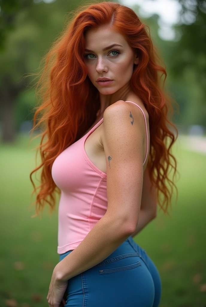<lora:Erect Nipples XL:1> nsfw, showing nipples, erect nipples, bare breasts, high definition photo, ultra detailed skin, ultra detailed face, small skin imperfections, 1girl, Ponytail, medium boobs, Athletic body, brown eyes, Red hair