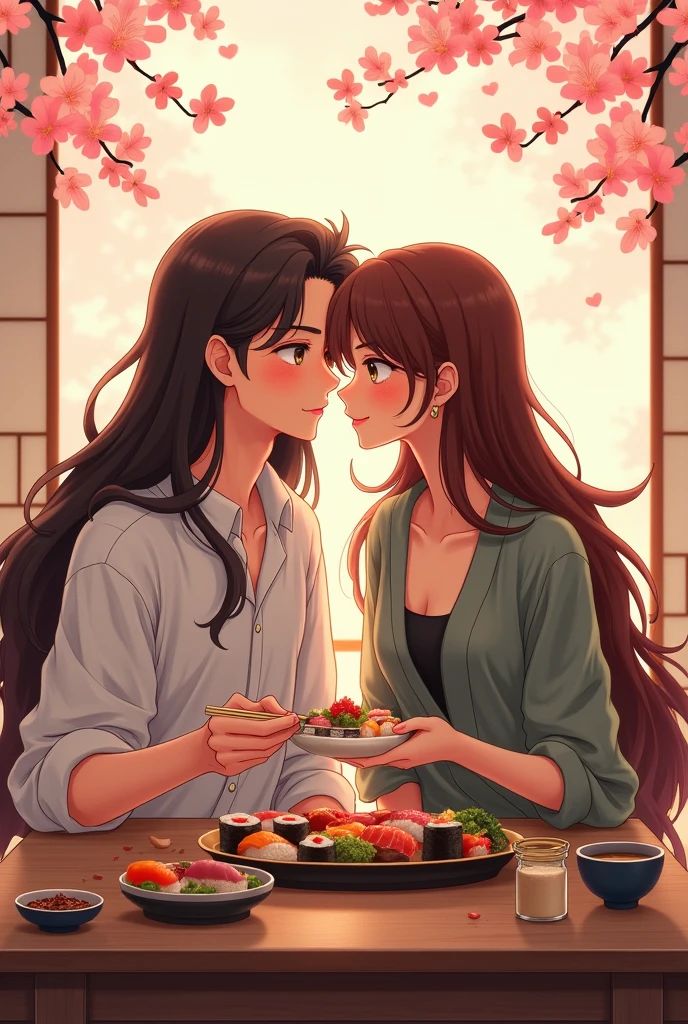 Long man, Brown hair and long, Brown-haired girlfriend eating sushi in anime style.