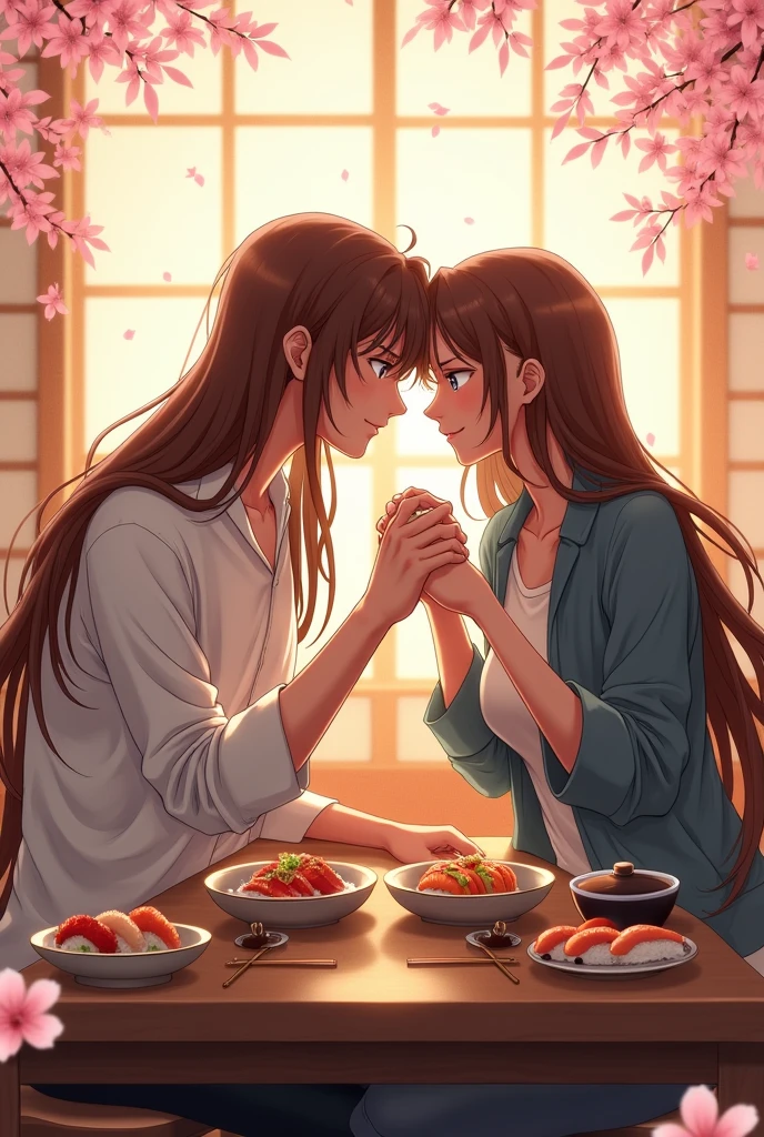 Long man, Brown hair and long, Brown-haired girlfriend eating sushi in anime style.