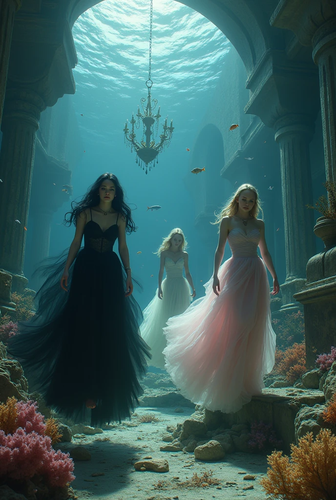 "A full-body shot of a (extra wide angle 1:1) portrait, in a dark deep sea (medieval ballroom very old) in an old gothic palace, under the sea. ((Super-big ballroom.)) 2 Pulchritudinous queens goddesses twin sisters wearing their diamond pink crystal crown and their 1 girlfriend, gorgeous blonde with perfect extra beautiful face, swimming around in the sea. Swimming down at the bottom with their feet up, swimming sideways. The queens have a big light-colored very finely detailed eyes, black super-long long hair. Their Exquisite girlfriend have an extra long hair also big bright blue finely detailed eyes.Their wearing black dresses. Pale pink, white, black with gold and diamond dresses. Dresses in many layered lace and chiffon riven apart and wet ( perfect hands, five fingers on each hand.) Small breasts cleavage, (hyper realistic perfect eyes 1:3). Face with Pale perfect detailed skin. Hyper detailed skin on body. Queens surrounded by Perished under-water palace 1:1 On the bottom of the sea are golden crowns, adorned with pink crystals 1:1. Bright colored blue, pink, orange, green fishes swimming around. Pink Corals. Sea moss. Octopus. Treasure chest with gold and jewelry in it. The scene a beautiful empresses swimming ghostly, their super long 1:1 hair flowing all around. Sad. Scared(Best Quality Detailed faces)1:1. A medieval fairytale vibe, with a big black intricate throne in a corner at the bottom with sea moss on it, a broken medieval chandelier with few broken ((candles unlit)), with no flames flickering in the underwater environment. On the seafloor, a large five-arm medieval-style candelabrum stands, its candles unlit, with no flames flickering in the underwater environment. In a fantastic scene that uses 3D Surreal 3D model. Big gold gothic medieval five armed on the seafloor, surrounded by crystal wine glasses—one tipped over and broken. The entire setup is masterpiece 1:3, capturing the essence of a queens trapped under Dark deep sea 8K.