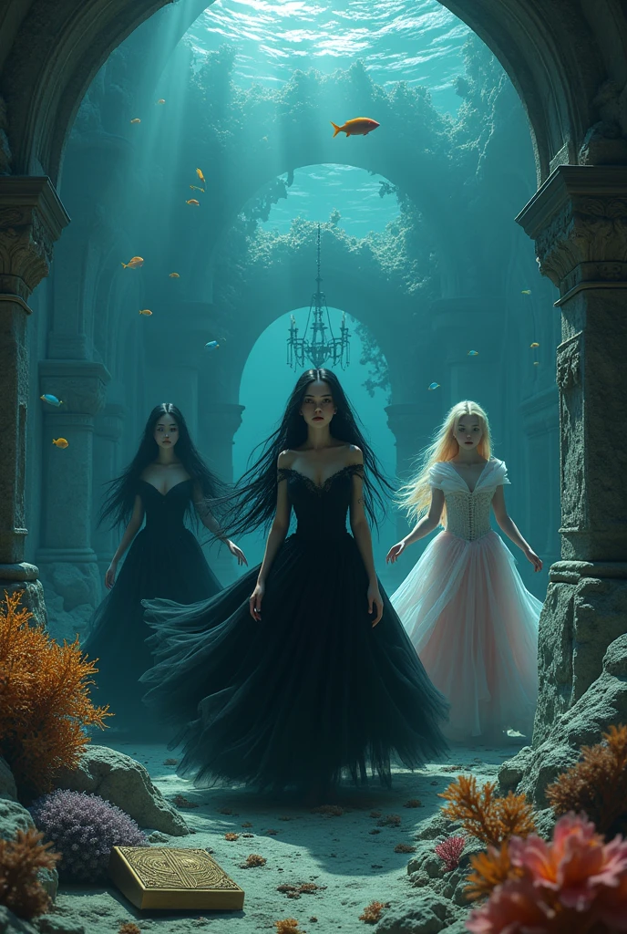 "A full-body shot of a (extra wide angle 1:1) portrait, in a dark deep sea (medieval ballroom very old) in an old gothic palace, under the sea. ((Super-big ballroom.)) 2 Pulchritudinous queens goddesses twin sisters wearing their diamond pink crystal crown and their 1 girlfriend, gorgeous blonde with perfect extra beautiful face, swimming around in the sea. Swimming down at the bottom with their feet up, swimming sideways. The queens have a big light-colored very finely detailed eyes, black super-long long hair. Their Exquisite girlfriend have an extra long hair also big bright blue finely detailed eyes.Their wearing black dresses. Pale pink, white, black with gold and diamond dresses. Dresses in many layered lace and chiffon riven apart and wet ( perfect hands, five fingers on each hand.) Small breasts cleavage, (hyper realistic perfect eyes 1:3). Face with Pale perfect detailed skin. Hyper detailed skin on body. Queens surrounded by Perished under-water palace 1:1 On the bottom of the sea are golden crowns, adorned with pink crystals 1:1. Bright colored blue, pink, orange, green fishes swimming around. Pink Corals. Sea moss. Octopus. Treasure chest with gold and jewelry in it. The scene a beautiful empresses swimming ghostly, their super long 1:1 hair flowing all around. Sad. Scared(Best Quality Detailed faces)1:1. A medieval fairytale vibe, with a big black intricate throne in a corner at the bottom with sea moss on it, a broken medieval chandelier with few broken ((candles unlit)), with no flames flickering in the underwater environment. On the seafloor, a large five-arm medieval-style candelabrum stands, its candles unlit, with no flames flickering in the underwater environment. In a fantastic scene that uses 3D Surreal 3D model. Big gold gothic medieval five armed on the seafloor, surrounded by crystal wine glasses—one tipped over and broken. The entire setup is masterpiece 1:3, capturing the essence of a queens trapped under Dark deep sea 8K.