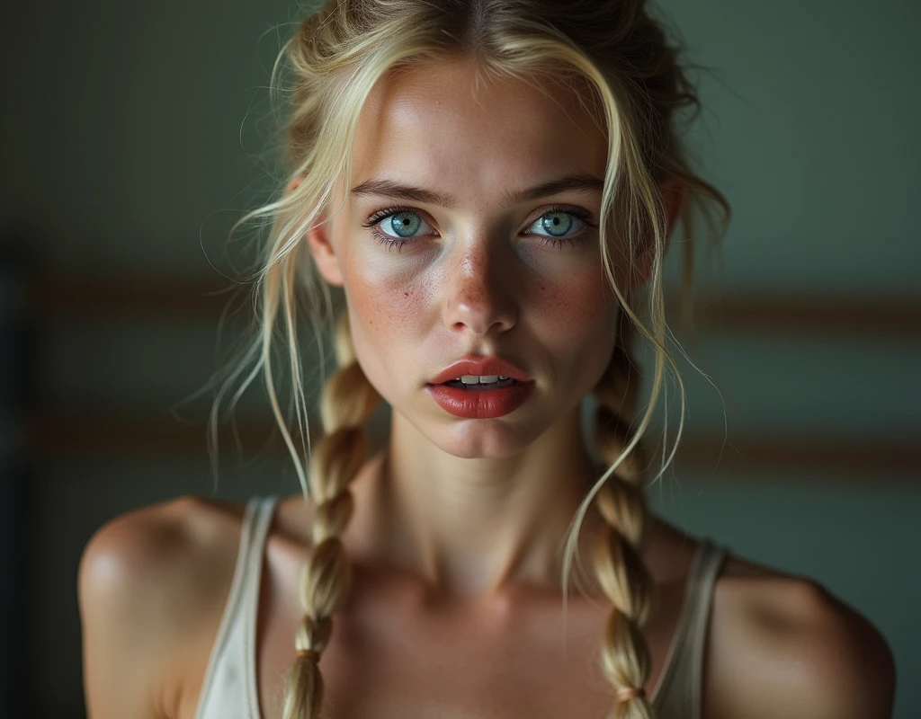Ein Mädchen 18 Jahre alt lange blonde geflochtene Zöpfe sehr dünn tut naked Ballett, without clothes,flat-chested,small breasts,Make-up smeared,Makeup run,perfect lips, schwarzerLippenstift, braces, freckles,big eyes,blue eyes,sweating, sweats heavily,Wet,Very detailed, best quality, extremely detailed face, perfect lightning, Ballet studio, backdrop, sexly, erotic, unique, 4K, masterpiece, naked holds her hands on her waist
