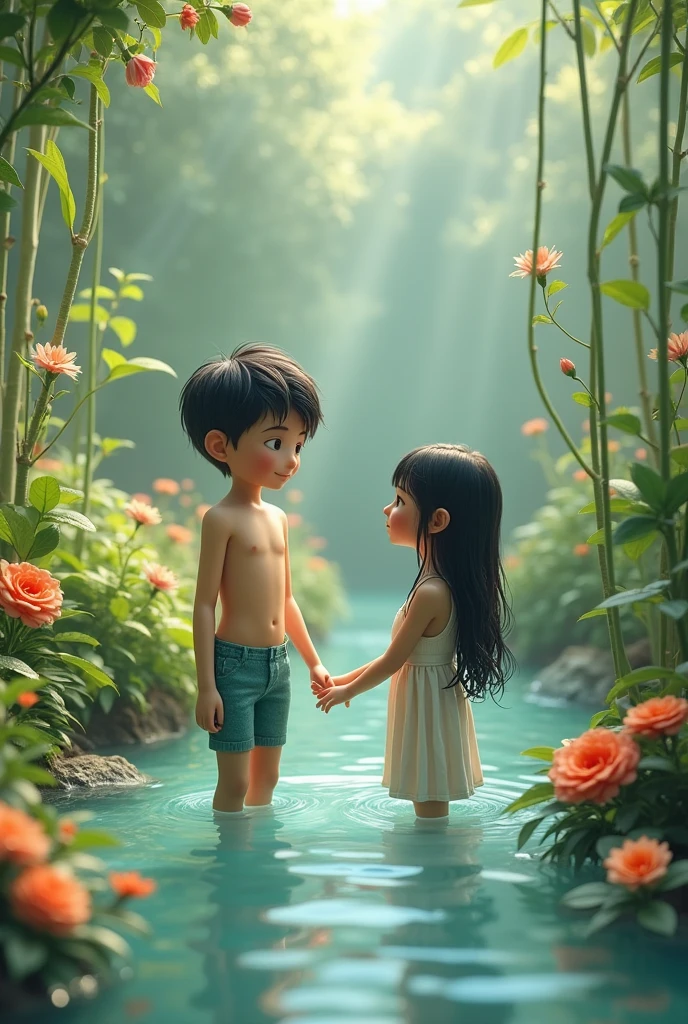 A 3d boy sex with a 3d girl both stand in water without clothe around plants flowers