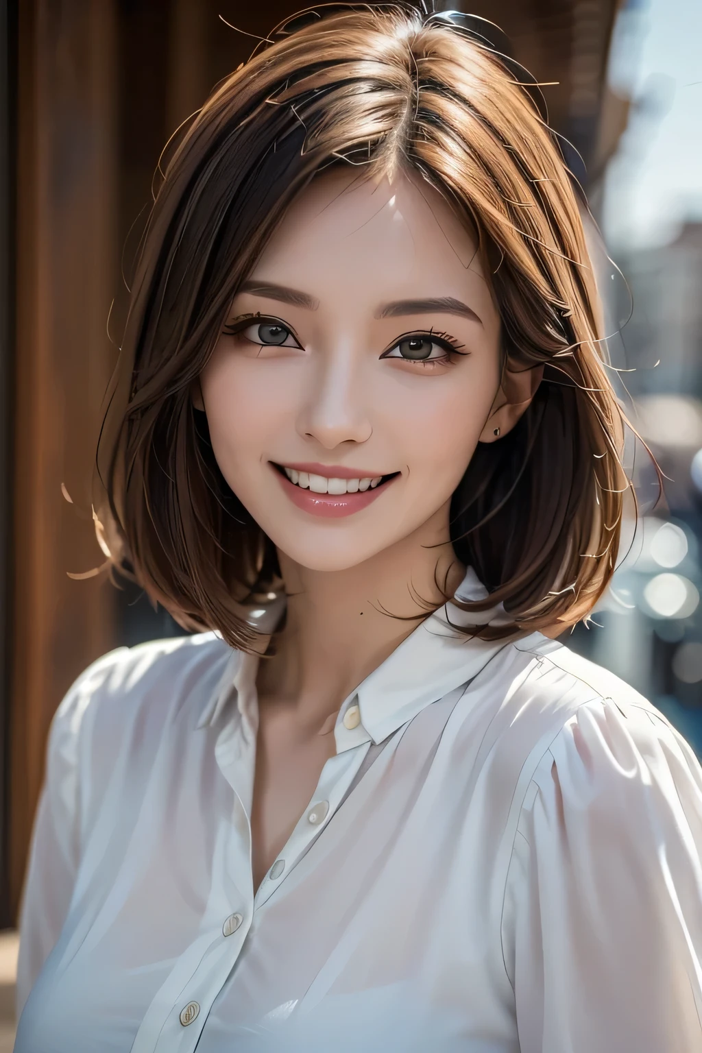 ((masterpiece)), ((Highest quality)), ((Complex)), ((Surreal)), (Realistic), (Mature Woman), ((No classes)), Very detailed, (1 female), Beautiful and exquisite, (Beautiful Teeth), Grin, Brunette bob hair, Brown eyes, ((blouse)), (Upper Body), (background:none), Perfect Eyes, Captivating eyes, Looking at the audience