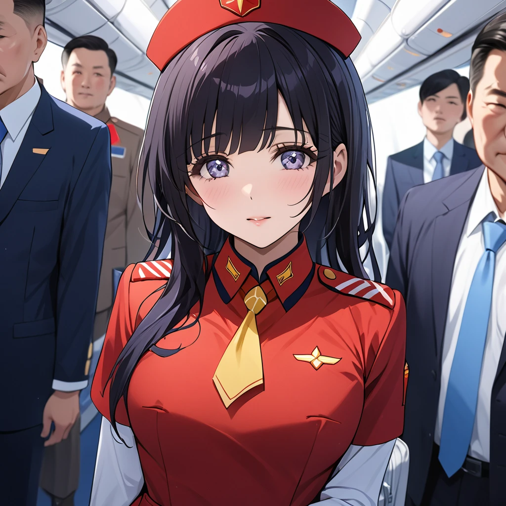 ((Highest quality)), ((masterpiece)), (detailed), (Perfect Face)、The woman is Reika Aoki with semi-long hair、The woman is a flight attendant for a Chinese airline who works exclusively for the Communist Party of China and serves them wholeheartedly.、Red Uniform