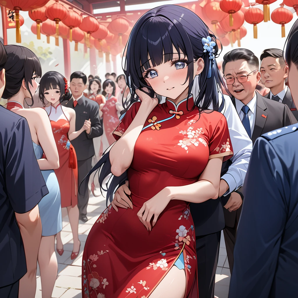 ((Highest quality)), ((masterpiece)), (detailed), (Perfect Face)、The woman is Reika Aoki with semi-long hair、The woman is wearing a gorgeous cheongsam for a party in China and is embracing a great Chinese Communist Party official in a frenzy.