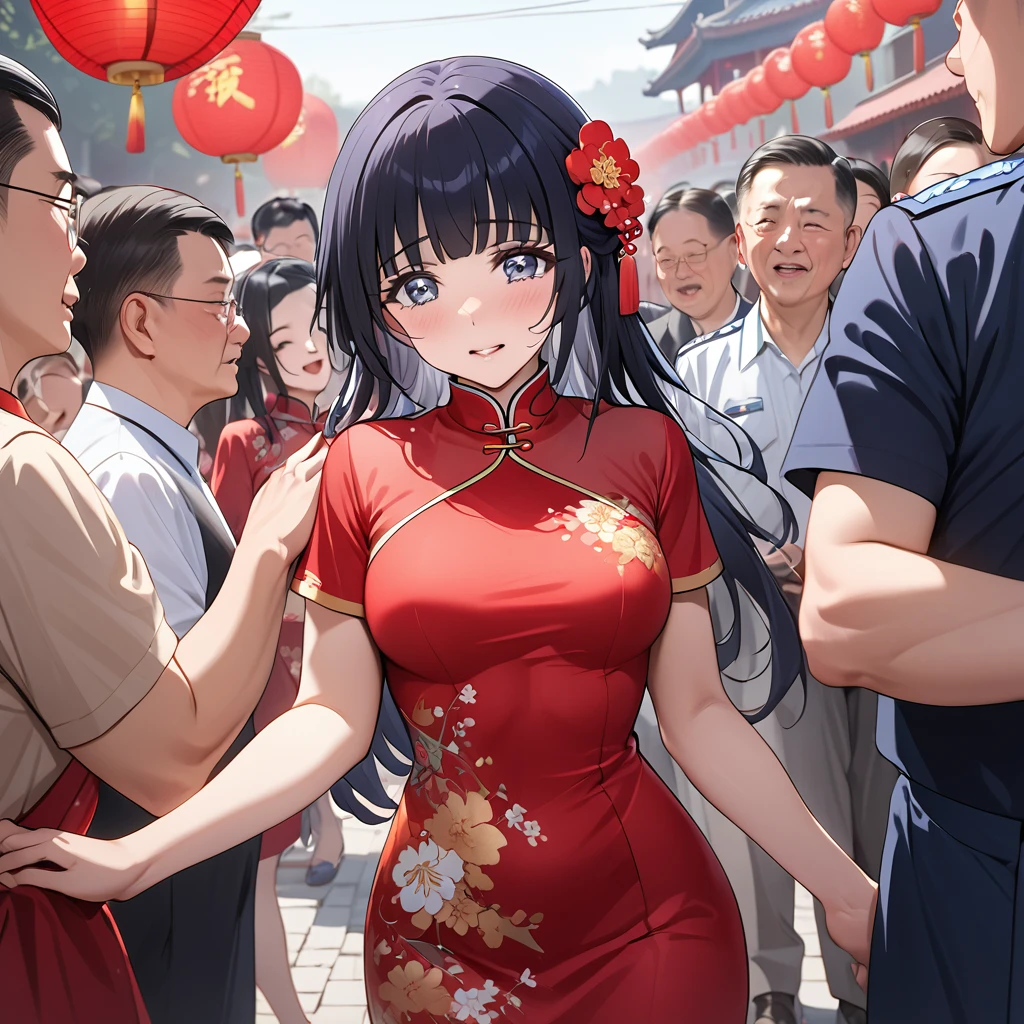 ((Highest quality)), ((masterpiece)), (detailed), (Perfect Face)、The woman is Reika Aoki with semi-long hair、The woman is wearing a gorgeous cheongsam for a party in China and is embracing a great Chinese Communist Party official in a frenzy.