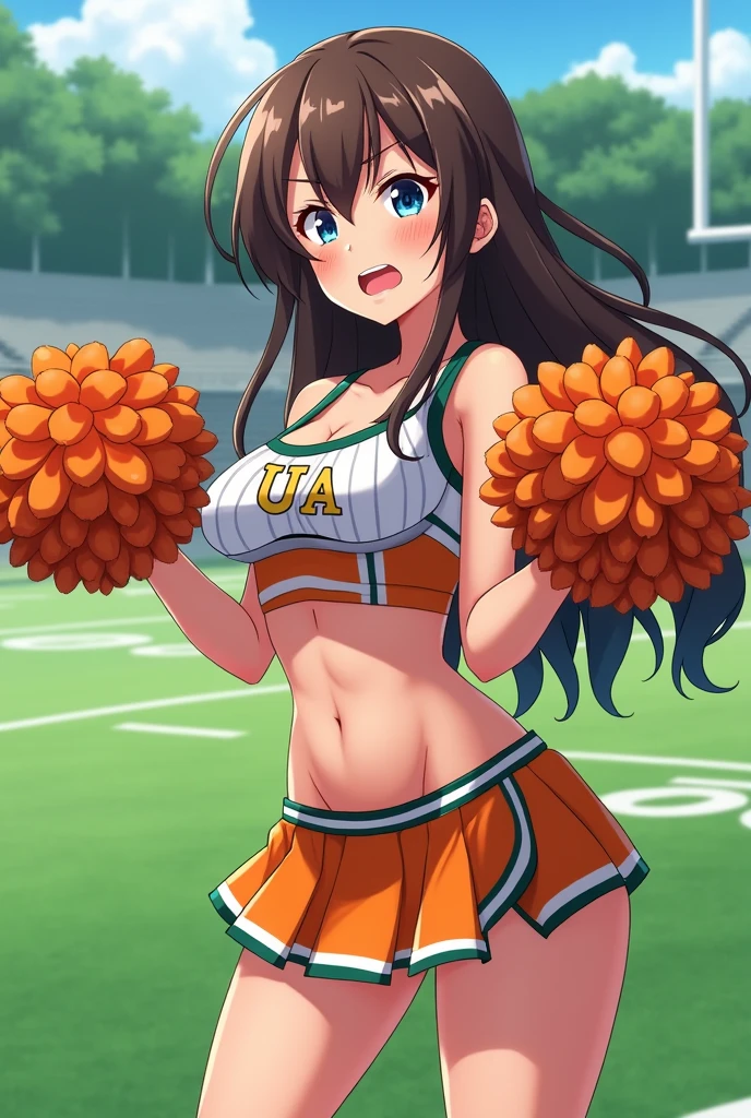 Imagine a girl who appears in an anime with long brown hair and blue eyes with a lot of bust and and incredible curves who is angry because they played a joke on her and dressed her as a cheerleader on her blouse it says UA and she has a short orange skirt with white and green and her pompoms are orange she is on the cheerleading field