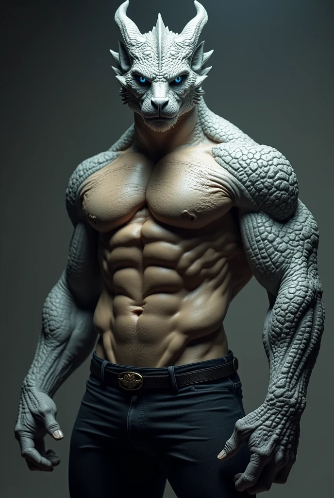 head of'artwork, bare, Dragon gris à fourrure, adulte, blue eye, Cheveux courts gris, Corps très musclé, muscle dur, Veines dans le muscle, guapo, guapo, fierce, torse nu, pantalon court, hot pose and we see their penises through their pants