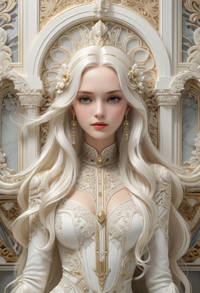 Art Deco, decorative art, white long hair, luxurious palace, enhance, intricate, (best quality, masterpiece, Representative work, official art, Professional, 8k)