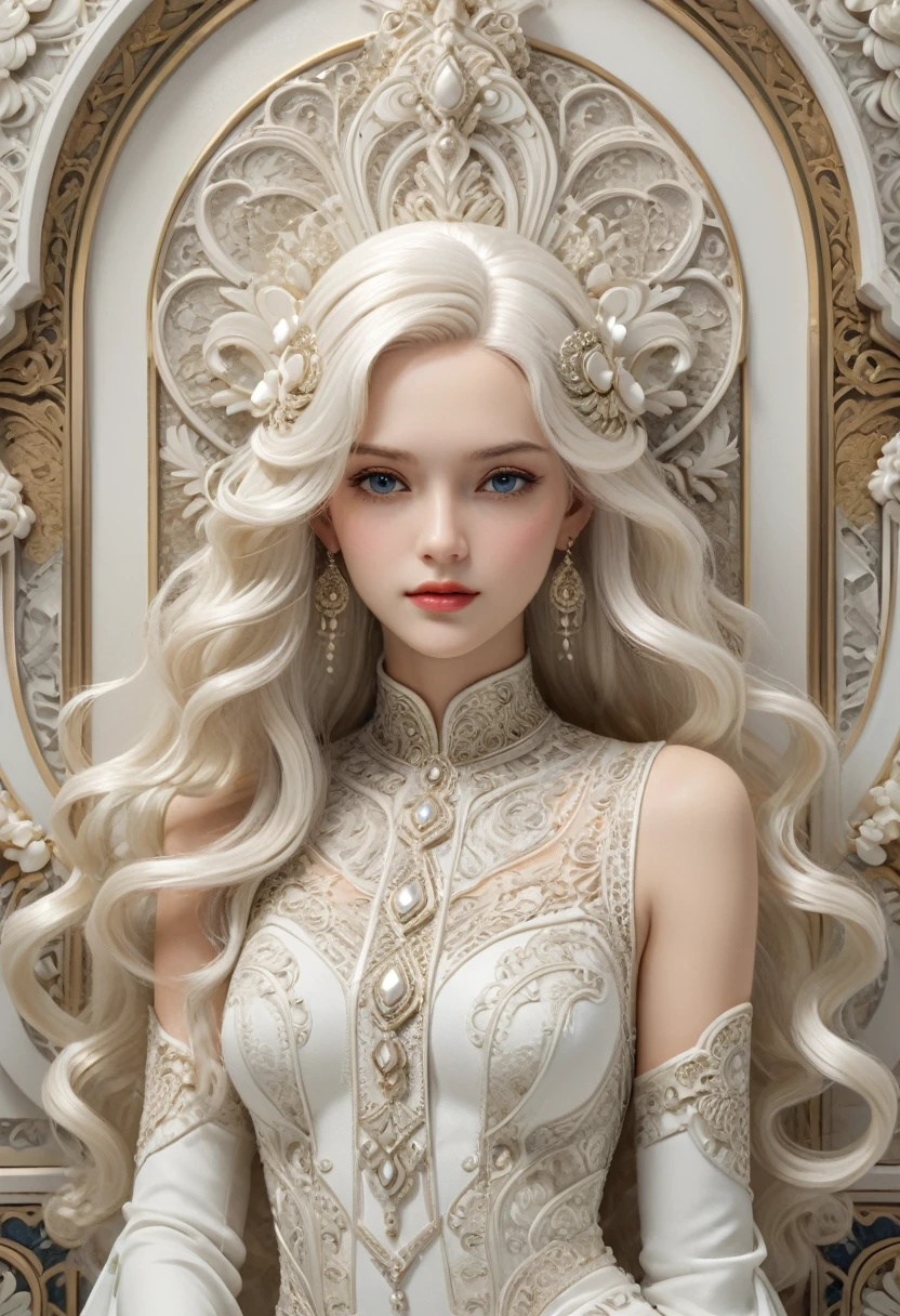 Art Deco, decorative art, white long hair, luxurious palace, enhance, intricate, (best quality, masterpiece, Representative work, official art, Professional, 8k)