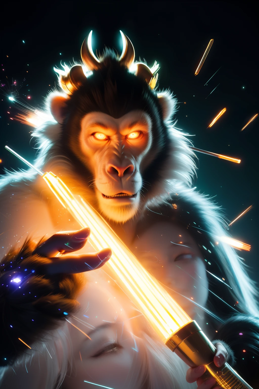 ASCII art,notch,vixi,linear flash,glass candy wrapper,giant monkey king is broken down into countless tiny glowing white dot particles.,particle glow dark background night glow HD rendering,minimalist composition,high contrast tilt shift 32k octane rendering,