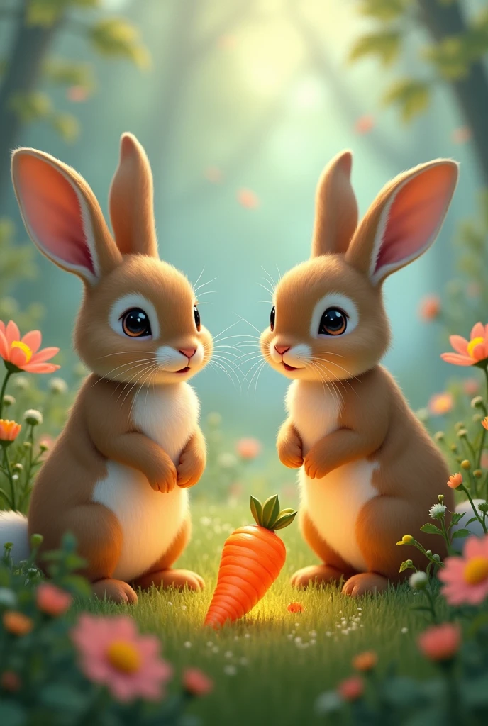 The carrot lies on the ground, no longer glowing. Hazel the female Rabbit and Thistle the male Rabbit are smiling, looking at it gratefully. The meadow remains beautiful with all the new flowers, and the sense of magic still lingers in the air
