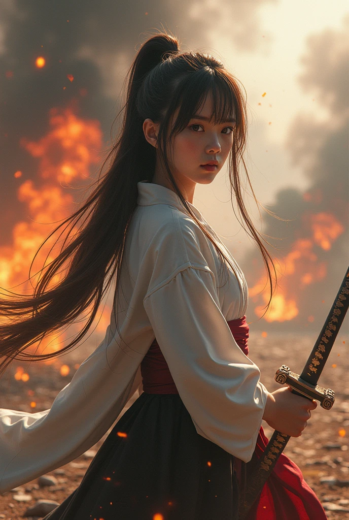 **Prompt**:
"Generate a hyper-realistic image of a Thai teenage girl with long, flowing hair and light brown eyes. She is wearing a traditional doctor's outfit and holding a gleaming samurai sword. Place her in an intense battlefield setting, with vivid details of active combat, gunfire, and scattered flames in the background. The scene should capture the chaos of war with dynamic lighting and smoke, and the image should be of the highest possible clarity and resolution, showcasing intricate details in both the character and the environment."