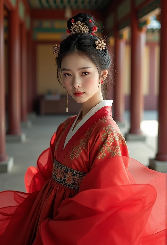 Hairpin with ornate decoration, beautiful young Korean woman in red hanbok, layered fluffy skirt, realistic Korean traditional costume, detailed depiction of palace interior structures, princess of ancient Korean dynasty, beautiful empress, royalty, white, elegance, tranquility, youth,